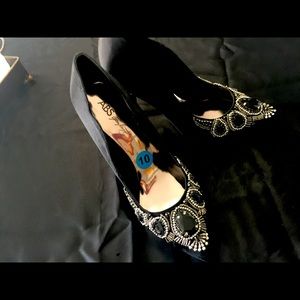 Black satin embellished 4.5 inch  silver heal